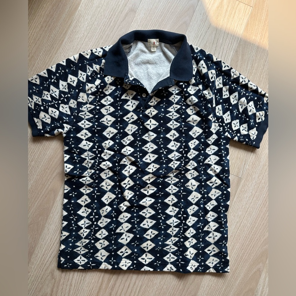 J. Crew Men’s Terry Cloth Polo Shirt in navy diamond print